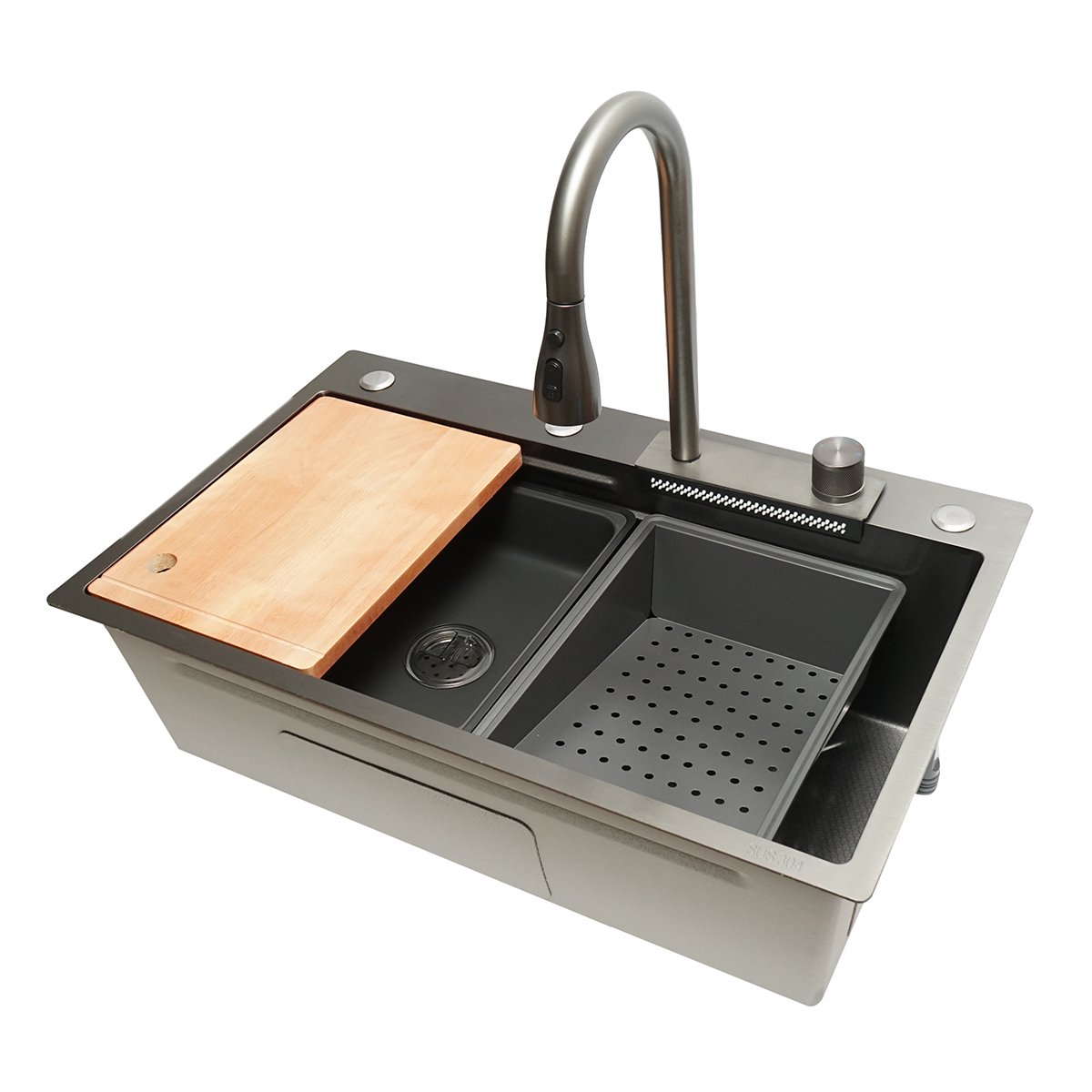 Chiuveta bucatarie multifunctionala, otel inoxidabil cu functie cascada, scurgator, tava, tocator si accesorii incluse, dimensiune 75x46x22cm